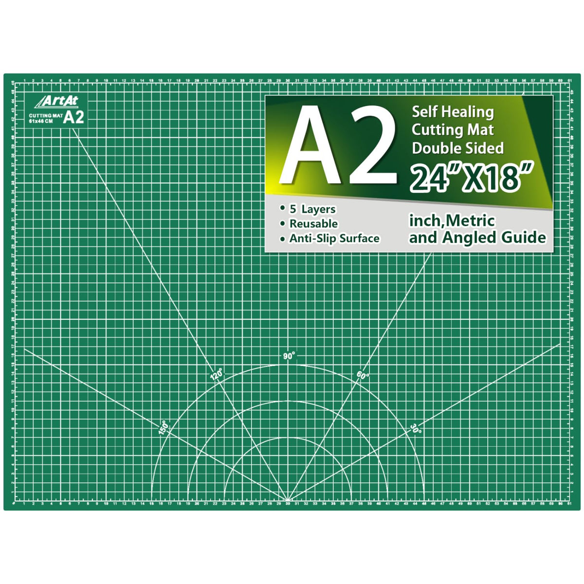 ArtAt Self Healing Cutting Mat: 12inch x 18inch Double Sided 5-Ply Fabric Cutting Mat for Sewing, Quilting & Arts & Crafts - Gridded Rotary Cutting Board Mat in Green/Black.