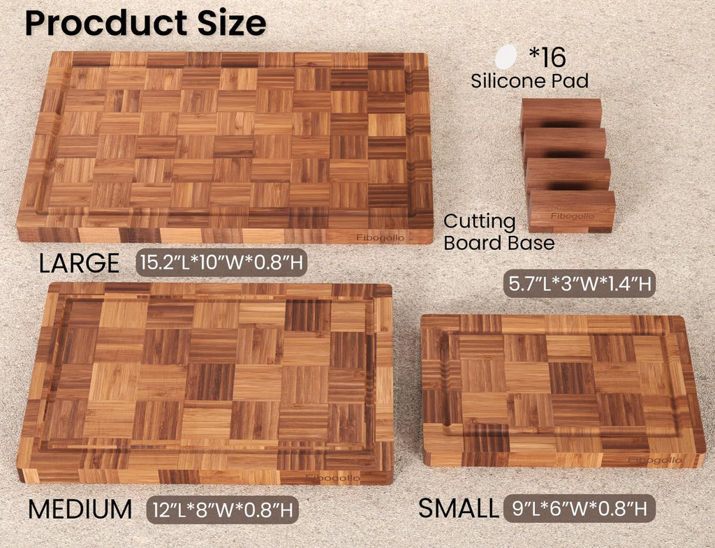 Fibogollo Set of 3 Bamboo Kitchen Cutting Boards with Juice Groove