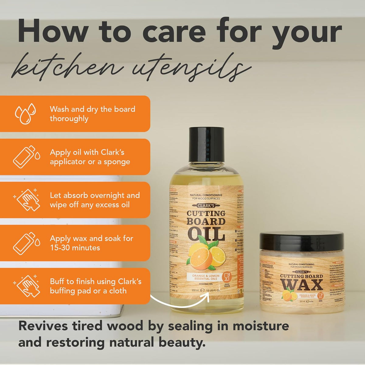 CLARK'S Cutting Board Oil & Wax Kit, Orange Lemon Scent, Food Safe - 2 Pack
