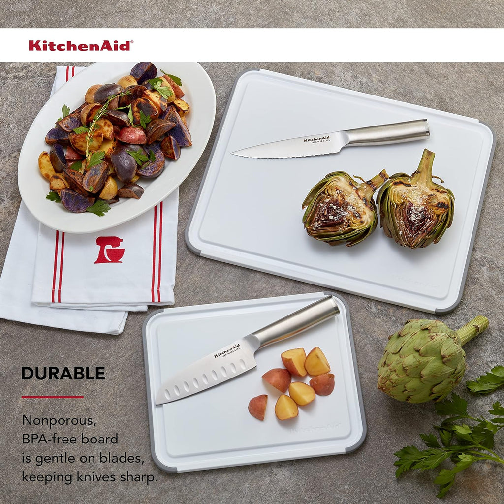 KitchenAid Classic Nonslip 2-Piece Plastic Cutting Board Set with Perimeter Trench and Non Slip Edges, 2-Piece Kitchen Chopping Boards, Dishwasher-Safe, White and Gray