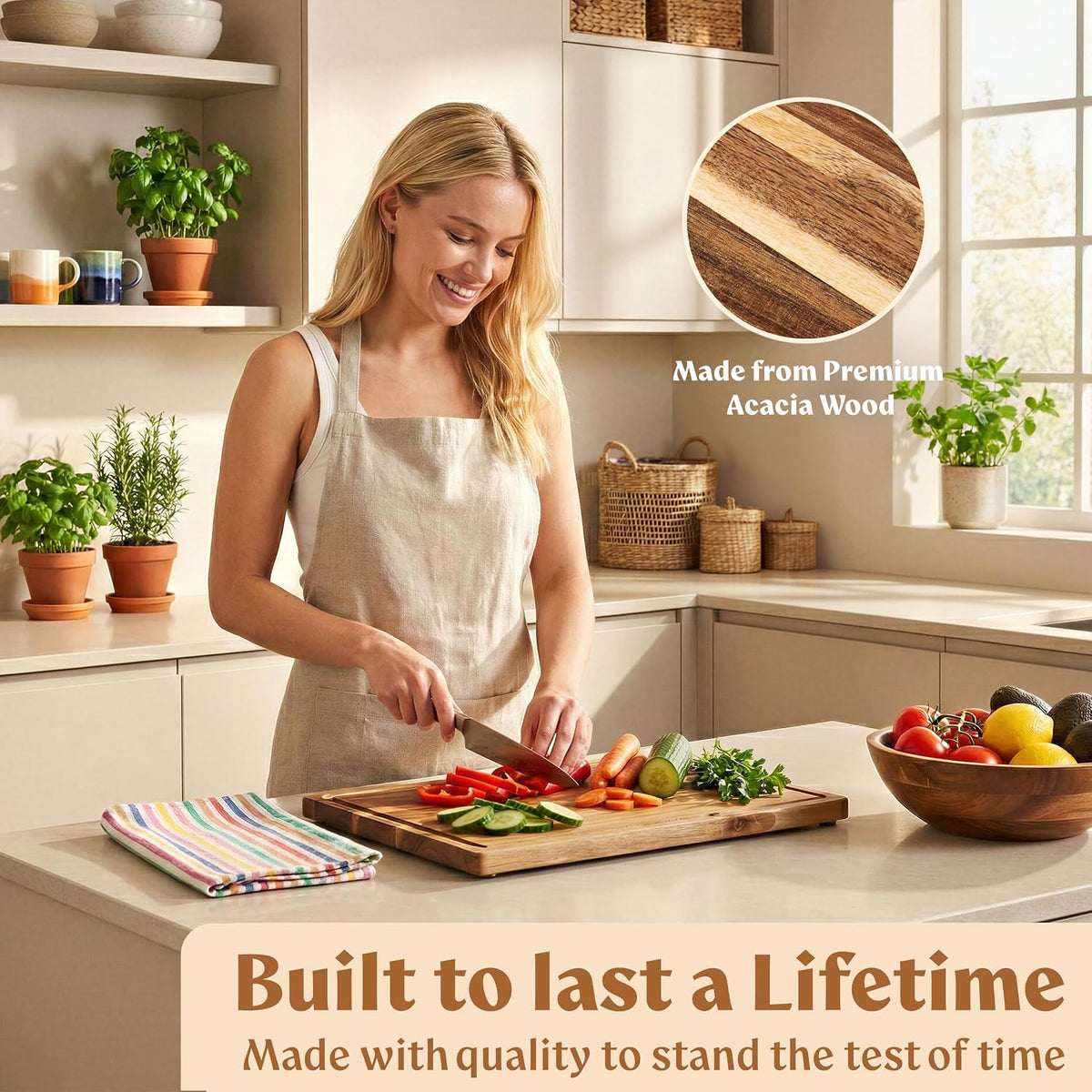 EDELHAUS Acacia Wood Cutting Boards for Kitchen Set of 3, Juice Groove