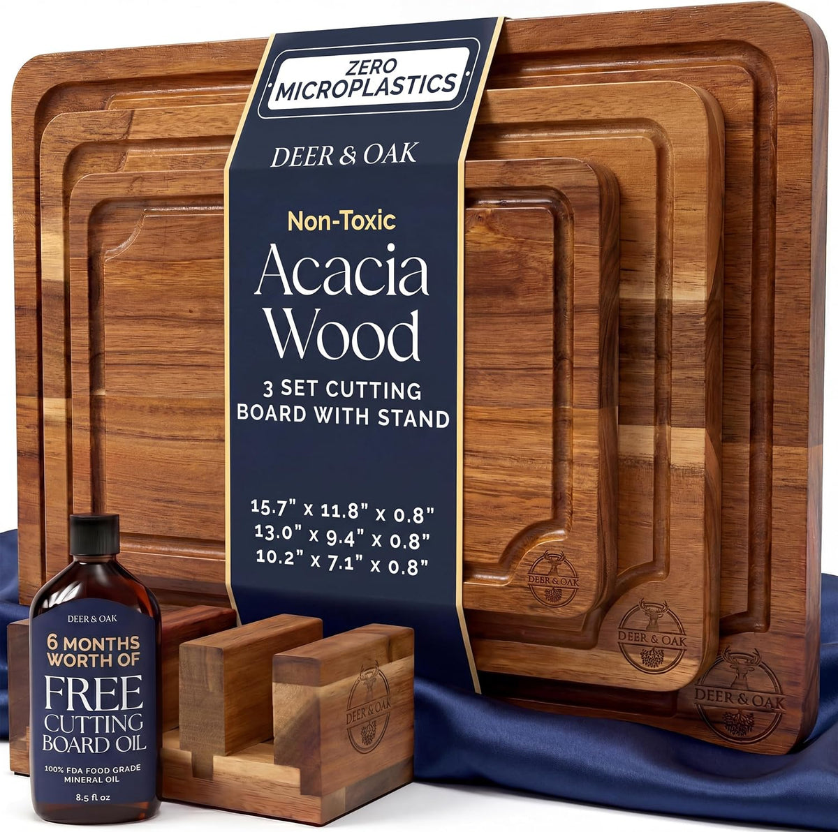 Deer & Oak Non Toxic 3-Piece Acacia Cutting Board Set with Stand