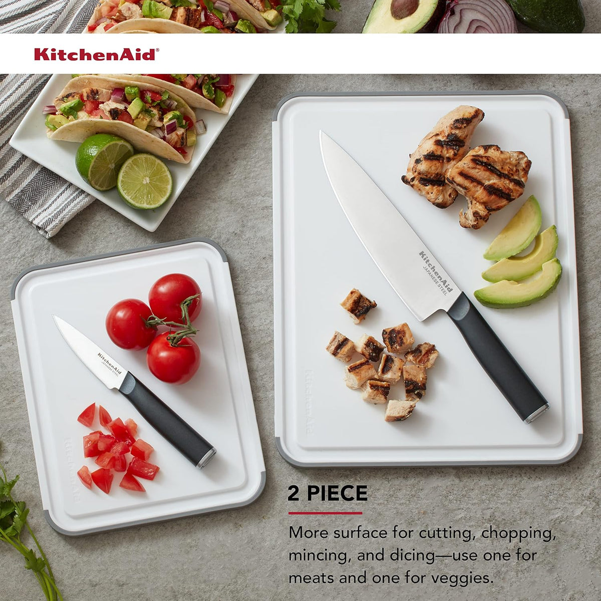 KitchenAid Classic Nonslip 2-Piece Plastic Cutting Board Set with Perimeter Trench and Non Slip Edges, 2-Piece Kitchen Chopping Boards, Dishwasher-Safe, White and Gray