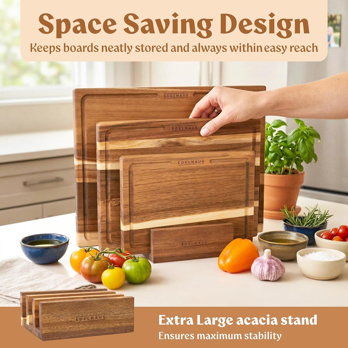 EDELHAUS Acacia Wood Cutting Boards for Kitchen Set of 3, Juice Groove