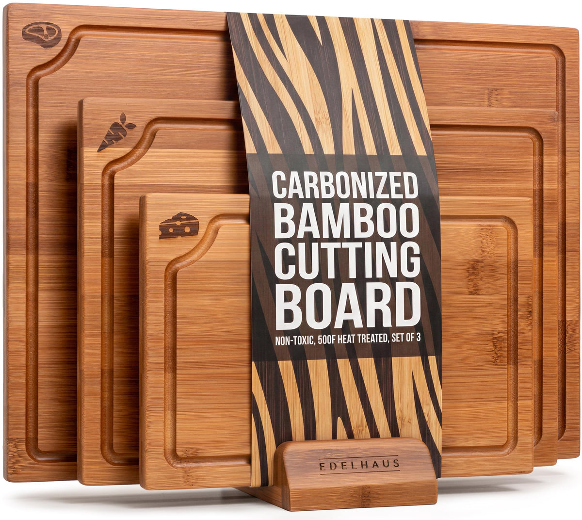 EDELHAUS Acacia Wood Cutting Boards for Kitchen Set of 3, Juice Groove