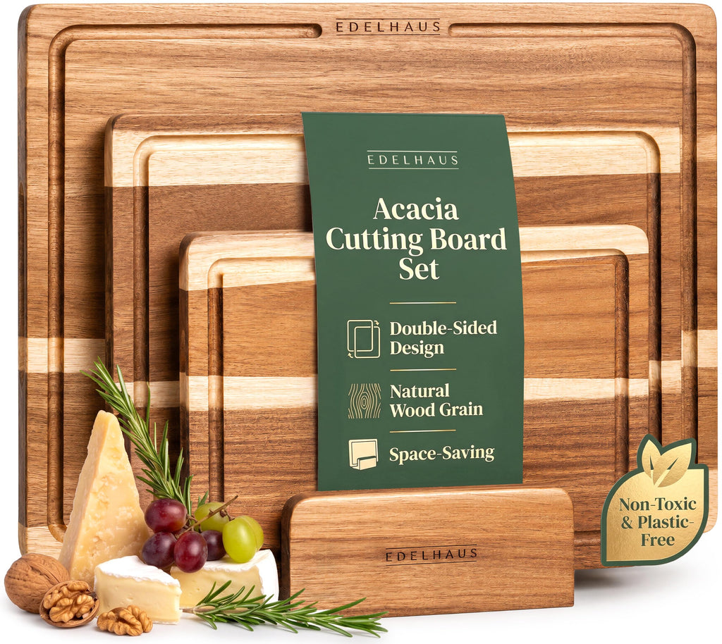 EDELHAUS Acacia Wood Cutting Boards for Kitchen Set of 3, Juice Groove
