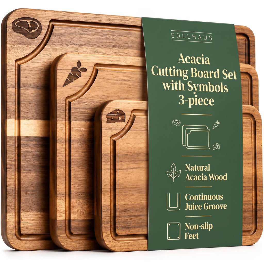 EDELHAUS Acacia Wood Cutting Boards for Kitchen Set of 3, Juice Groove