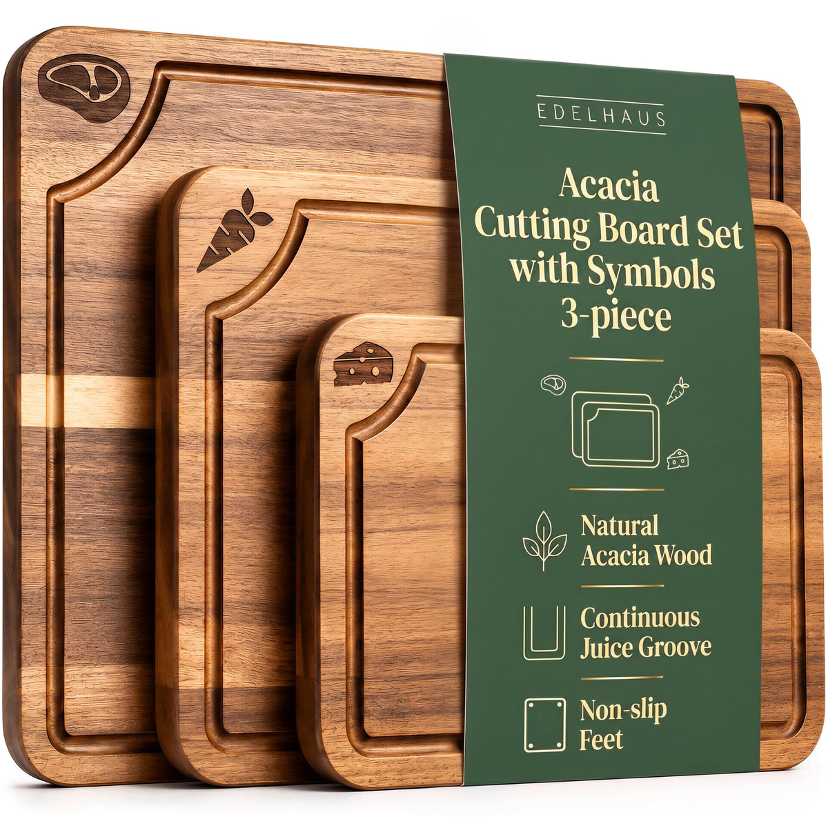 EDELHAUS Acacia Wood Cutting Boards for Kitchen Set of 3, Juice Groove