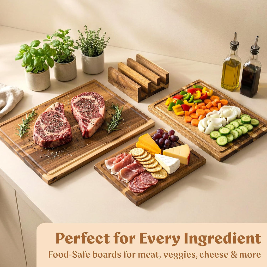 EDELHAUS Acacia Wood Cutting Boards for Kitchen Set of 3, Juice Groove