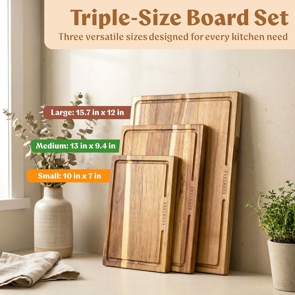 EDELHAUS Acacia Wood Cutting Boards for Kitchen Set of 3, Juice Groove